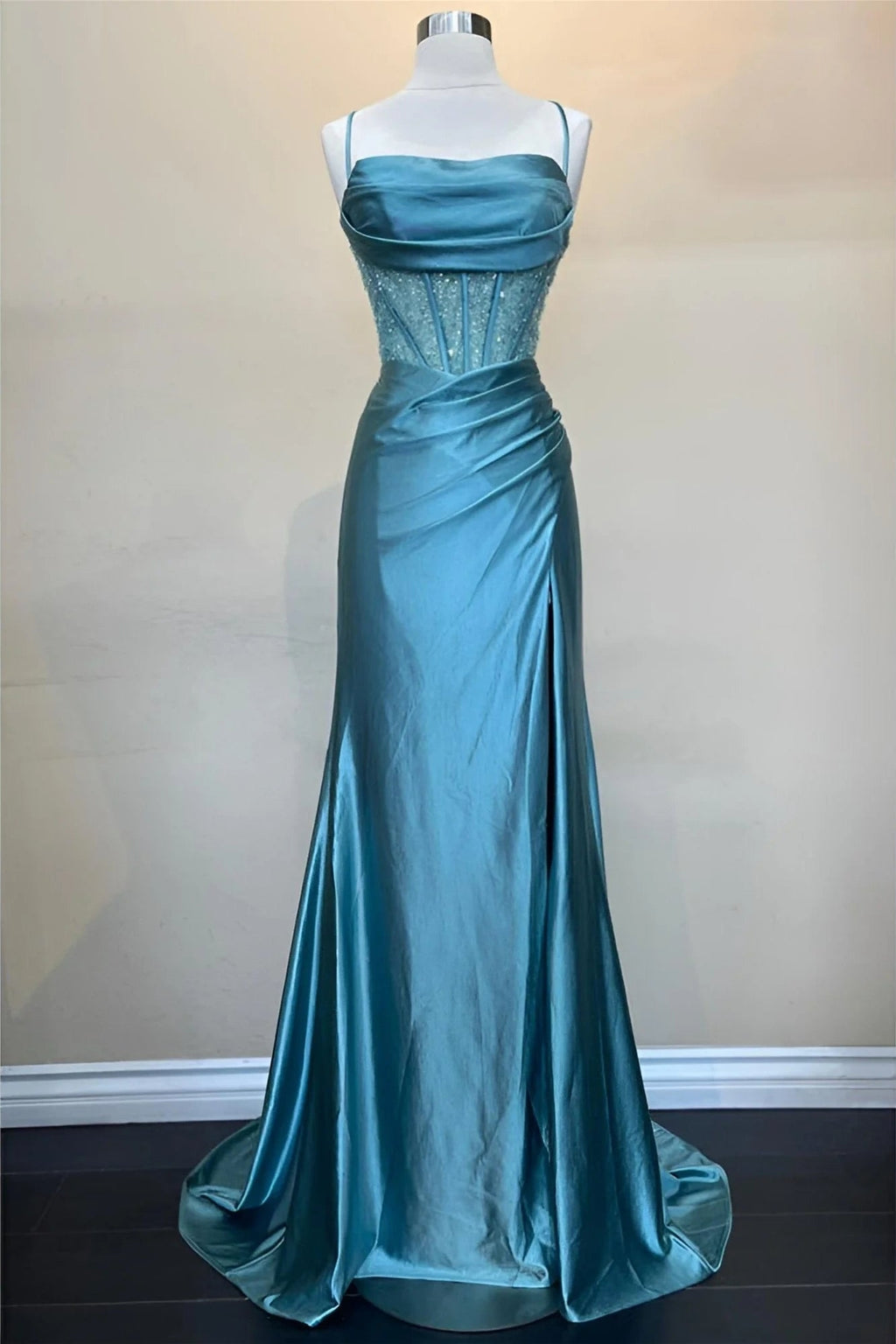Hot Mermaid Spaghetti Straps Green Satin Long Prom Dresses
