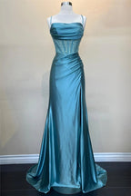 Hot Mermaid Spaghetti Straps Green Satin Long Prom Dresses