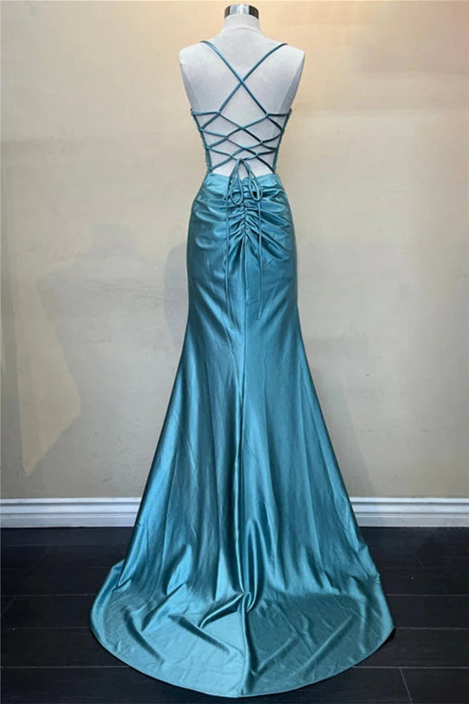 Hot Mermaid Spaghetti Straps Green Satin Long Prom Dresses