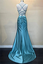 Hot Mermaid Spaghetti Straps Green Satin Long Prom Dresses