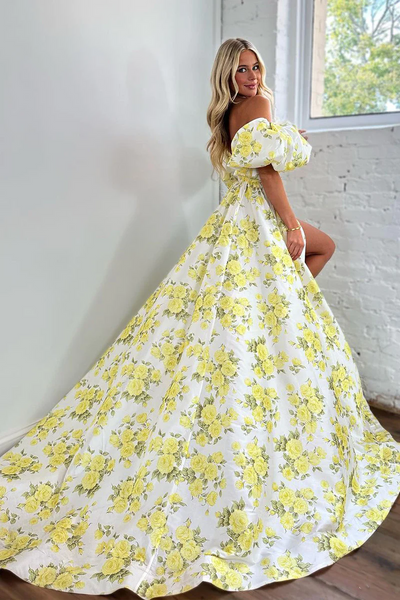 Chic A-Line Strapless Floral Print Satin Long Prom Dresses,BD93204