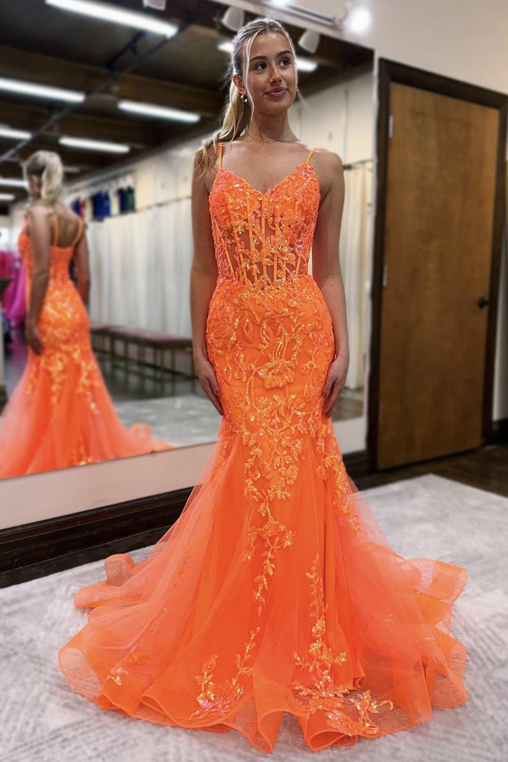 Mermaid V Neck Straps Orange Sequins with Tulle Long Prom Dresses