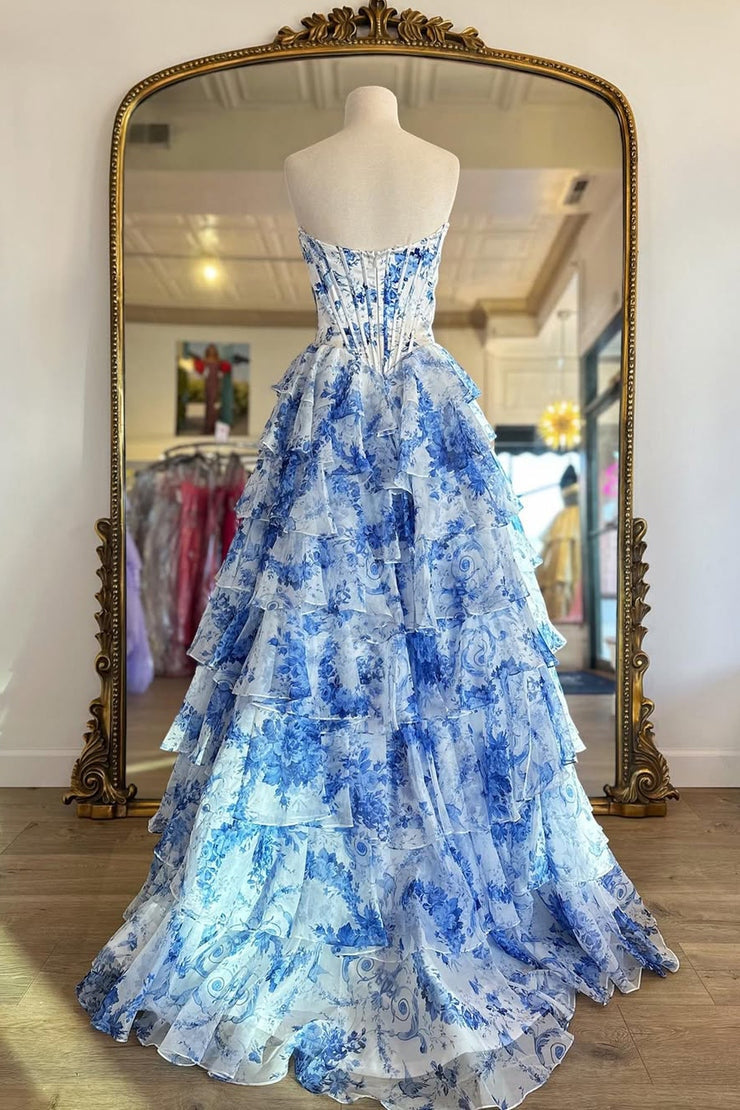 A Line Sweetheart Blue Floral Chiffon Prom Dresses luladress A Line Sweetheart Blue Floral Chiffon Prom Dresses luladress