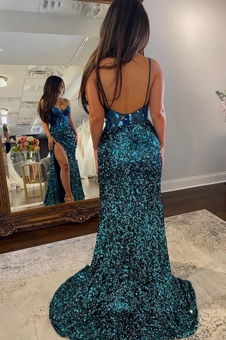 Blush Sequins Mermaid V Neck Prom Dresses