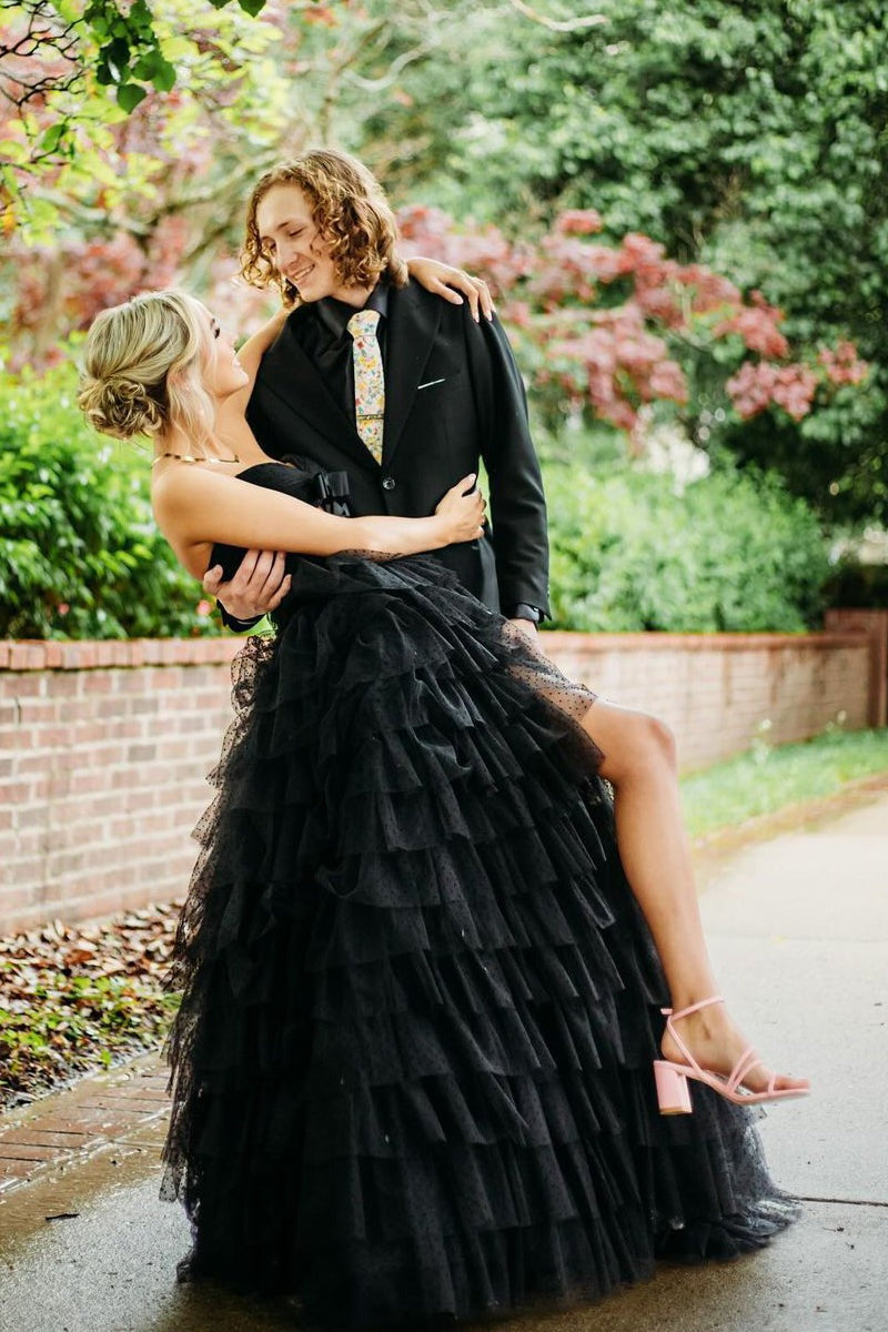 Black Strapless Ruffle Tiered Tulle Long Prom Dresses luladress Black Strapless Ruffle Tiered Tulle Long Prom Dresses luladress