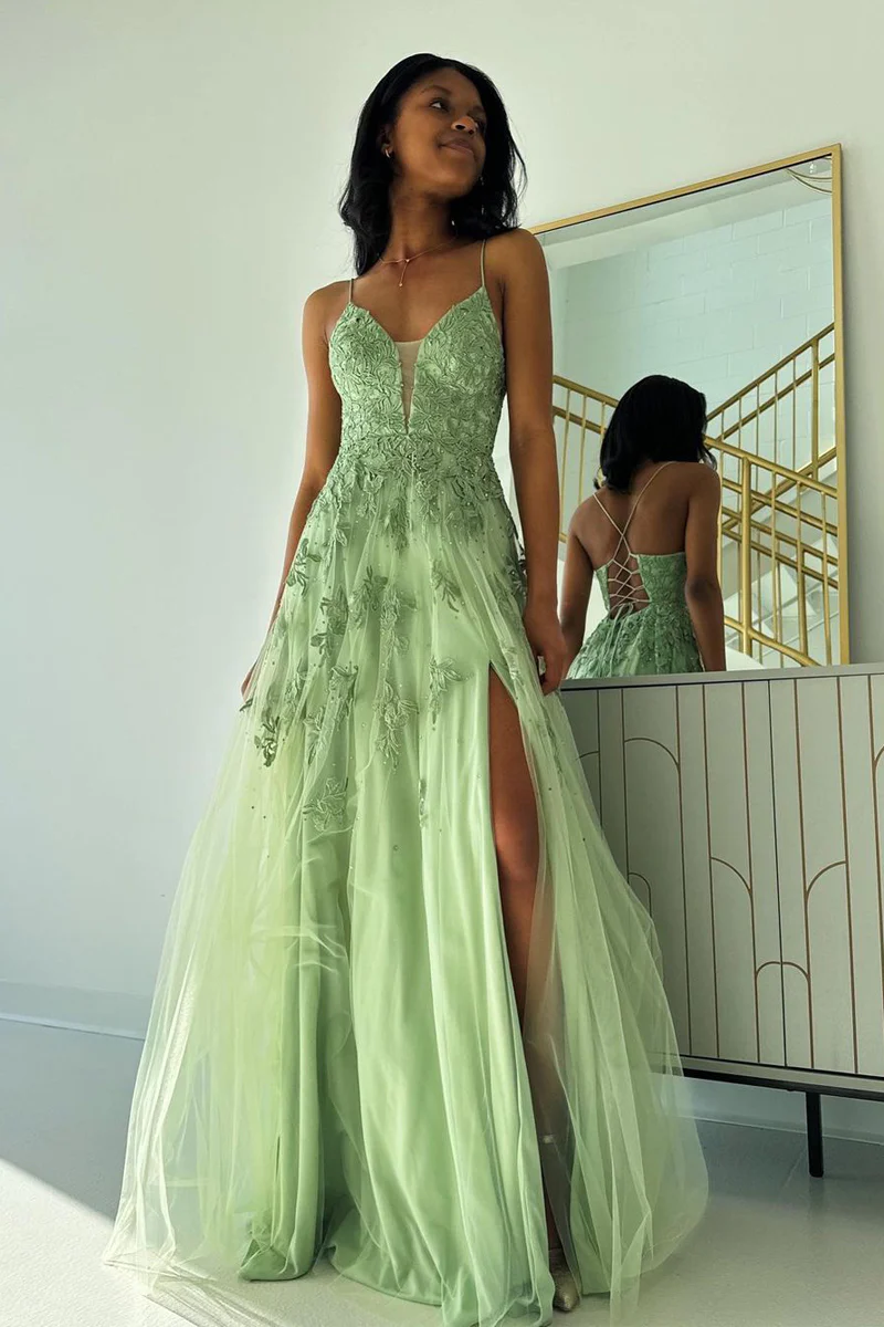 Sage Green V Neck Tulle A-Line Long Prom Dresses Custom Color / Custom Size
