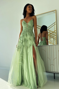 Sage Green V Neck Tulle A-Line Long Prom Dresses,BD93235