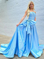 Cute A Line Strapless Light Blue Taffeta Slit Prom Dresses