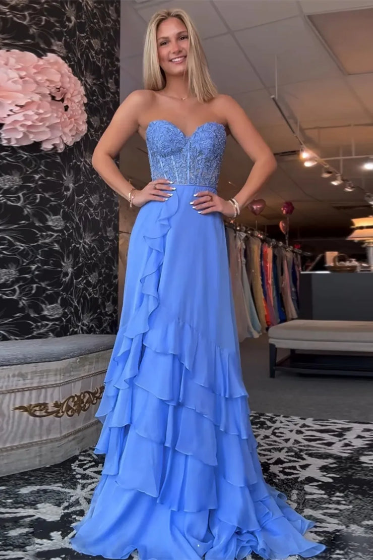 A Line Sweetheart Blue Tiered Long Chiffon Prom Dresses