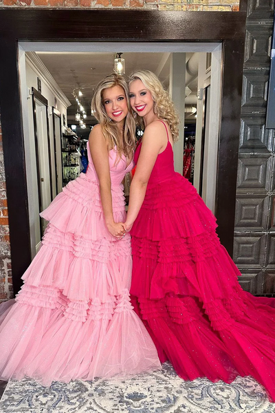 Pink V Neck Tiered Tulle Long Prom Dresses,BD93278