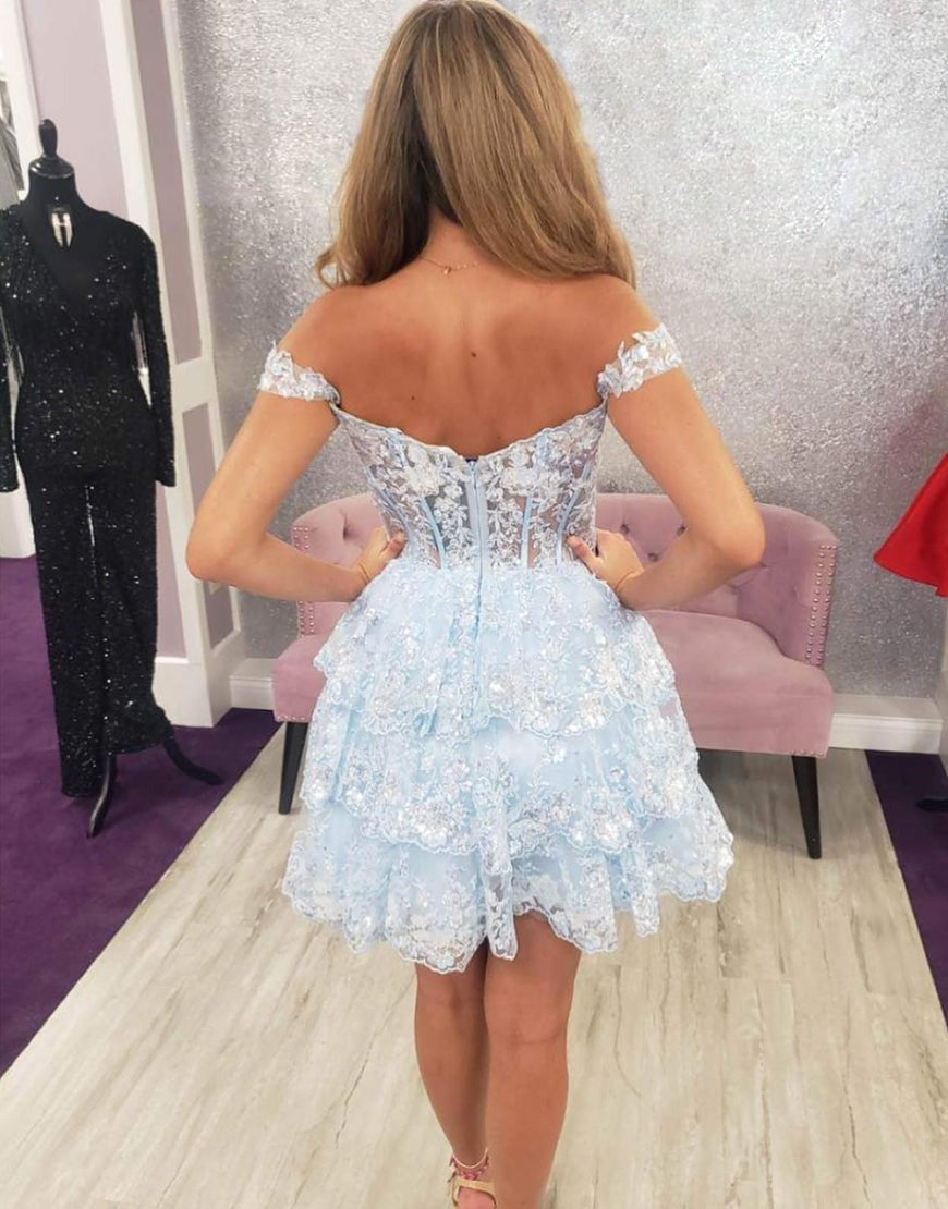 Red Off The Shoulder A-Line Tiered Short Party Dresses