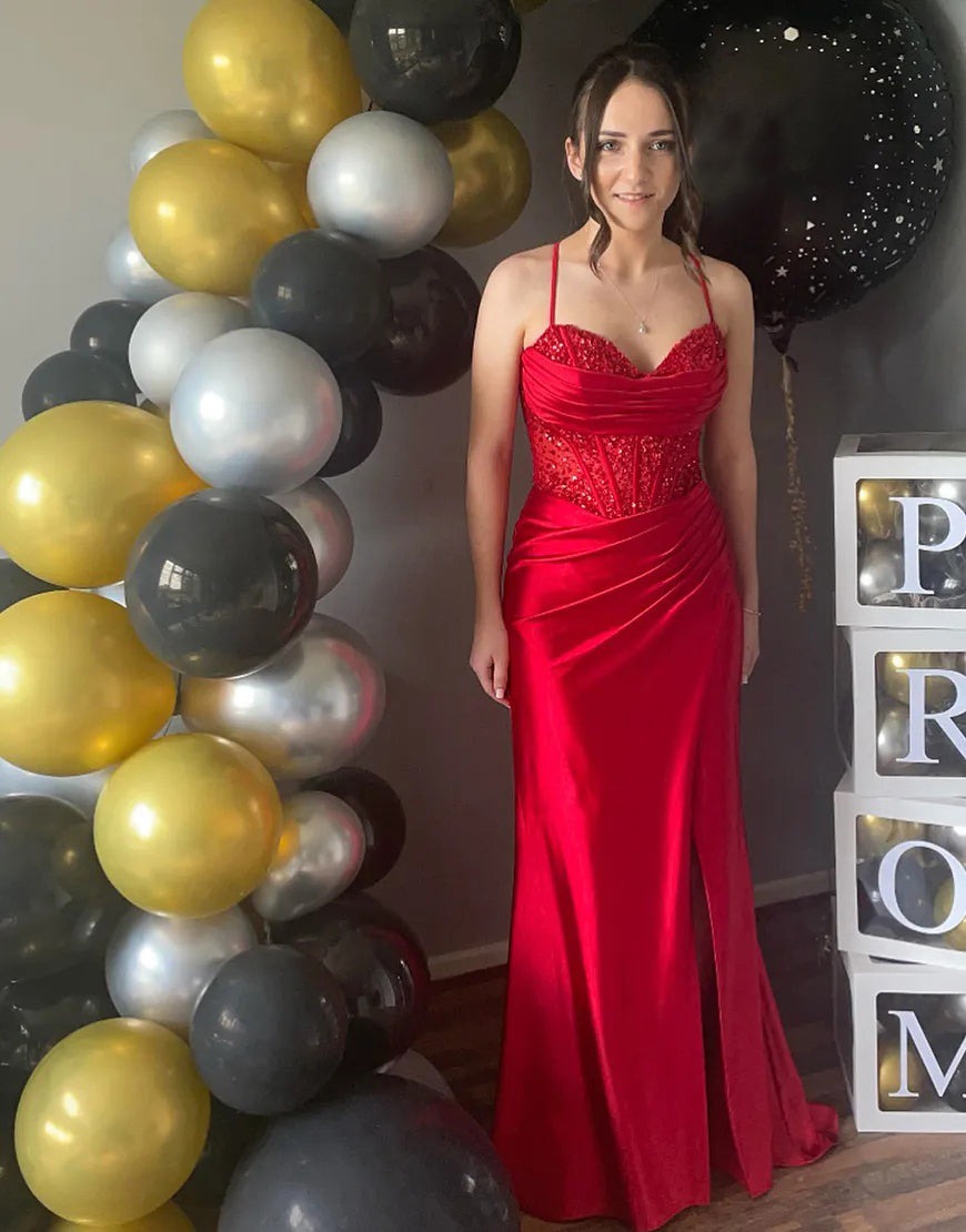 Mermaid Rose Gold Sweetheart Prom Dresses with Slit and Beading