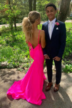 Mermaid V Neck Pink Satin Prom Dresses