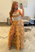 A Line Scoop Neck Chiffon Tiered Long Prom Dresses