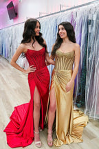 Mermaid Scoop Neck Gold Satin Prom Dresses