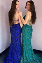 Mermaid Spaghetti Straps Royal Blue Lace Sequins Long Prom Dresses