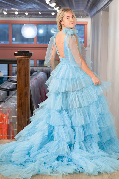 Light Blue Tulle  Deep V Neck Tiered Long Prom Dresses,BD930840