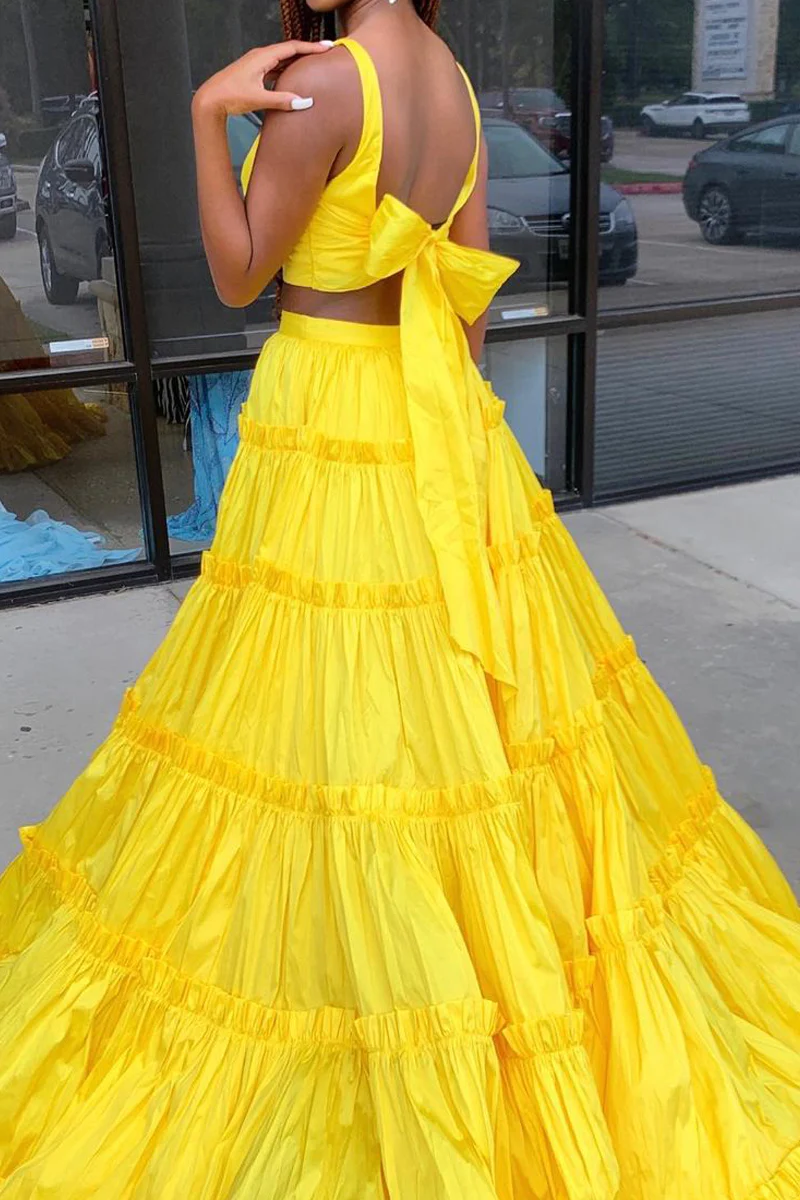 Yellow Two Piece Satin Long Prom Dresses