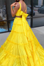 Yellow Two Piece Satin Long Prom Dresses