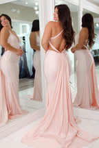 Mermaid V Neck Pink Stretch Satin Prom Dresses