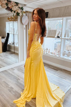 Sheath Mermaid Sweetheart Yellow Satin Prom Dresses