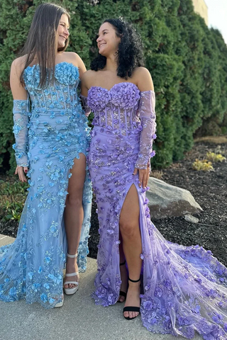 Long 3D Floral Lace Strapless Prom Dresses with Detachable Sleeves