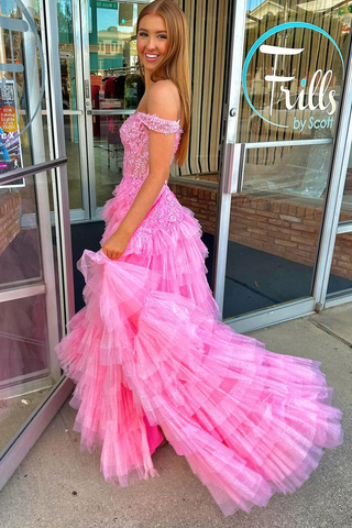 Off-the-Shoulder Pink Ruffle Tulle Long Prom Dresses