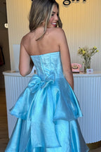A-Line Strapless Light Blue Ruffle Tiered Long Prom Dresses