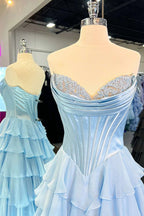 Yellow A-Line Sweetheart Long Tiered Prom Dresses