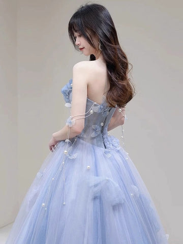 Blue Tulle Off the Shoulder Butterfly A Line Prom Dresses