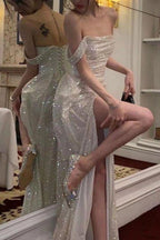 Mermaid Off the Shoulder Silver Sequins Long Prom Dresses