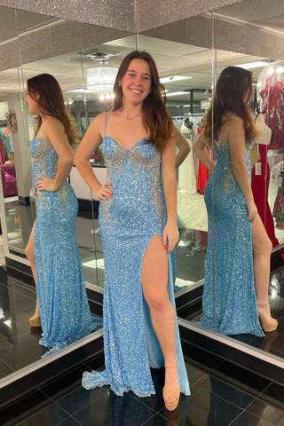 Blue Sequins Sweetheart Mermaid Long Prom Dresses,BD93191