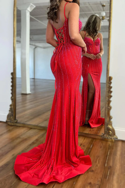 Long Sparkly Red Beaded Corset Prom Dresses,BD93138