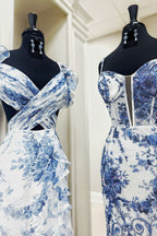 Gorgeous Sheath V Neck Printed Slit Chiffon Prom Dresses