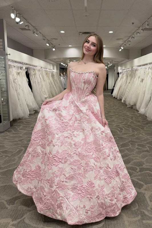 Robes de bal de promo en jacquard satiné rose, coupe trapèze à encolure dégagée
