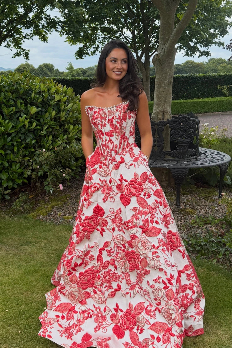 A Line Scoop Neck Jacquard Long Satin Prom Dresses