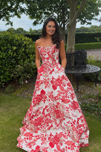 A Line Scoop Neck Jacquard Long Satin Prom Dresses