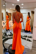 Mermaid Halter Orange Satin Long Prom Dresses