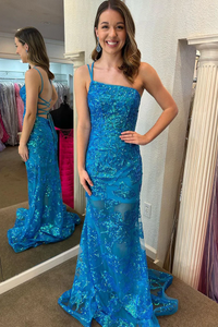 One Shoulder Lace Sequin Long Mermaid Prom Dresses,BD930846