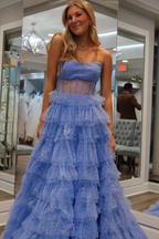 Sparkly Long A-Line Strapless Tiered Tulle Prom Dresses