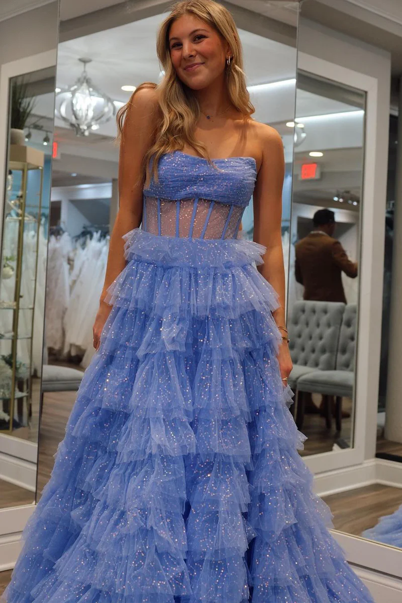 Sparkly Long A-Line Strapless Tiered Tulle Prom Dresses,BD93298