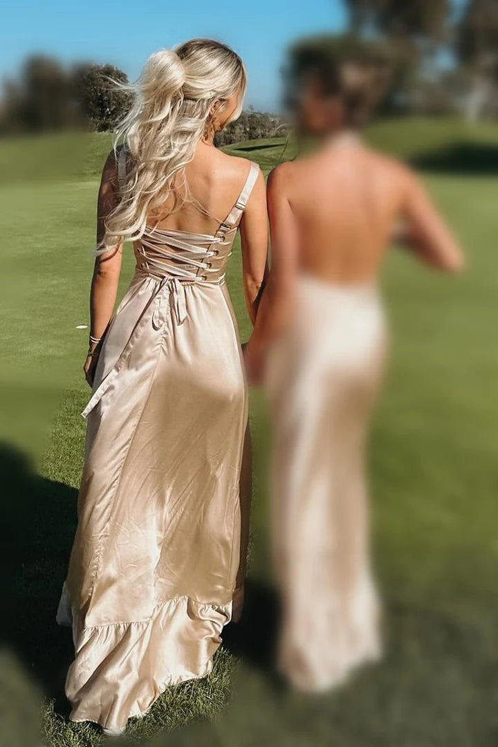 Fashion Satin Tea Length Sheath Straps Bridesmaid Dresses