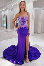 Mermaid Purple Satin Long  V Neck Prom Dresses