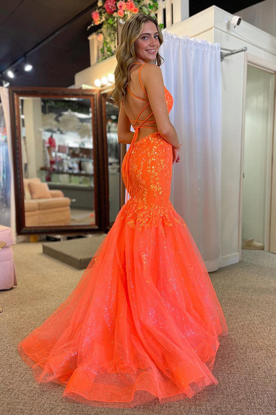 Orange V Neck Tulle Mermaid Long Prom Dresses with Appliques,BD93265