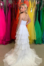White V Neck Chiffon Tiered Long Prom Dresses