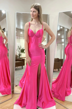 Hot Pink Spaghetti Straps Satin Mermaid Long Prom Dresses