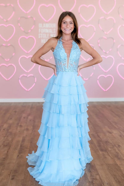 A-Line Halter Light Blue Ruffle Tiered Chiffon Long Prom Dresses