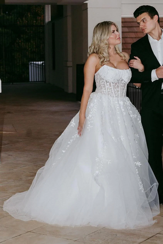 Aqua Blue Appliques Strapless A-Line Long Prom Dresses