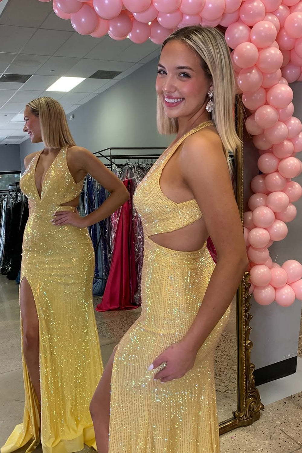 Mermaid Halter Long Yellow Beads Prom Dresses