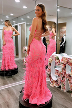 Pink Sweetheart Sequins Lace Mermaid Long Prom Dresses
